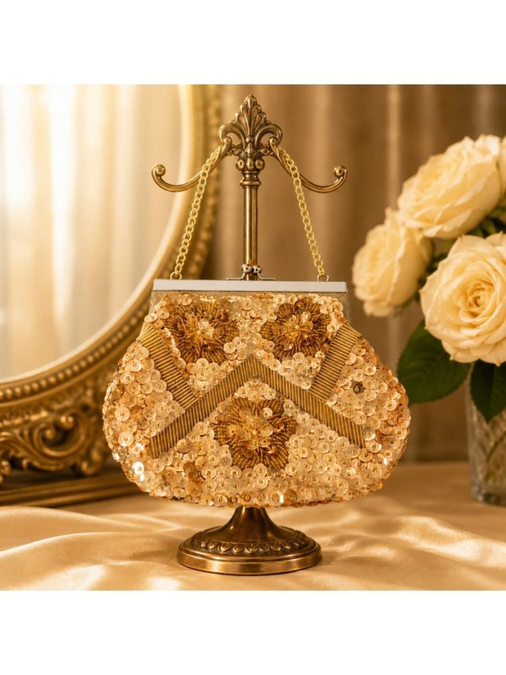 Vintage Safran Gold Sequin Beaded Evening Bag Formal MCM Cocktail Party Purse